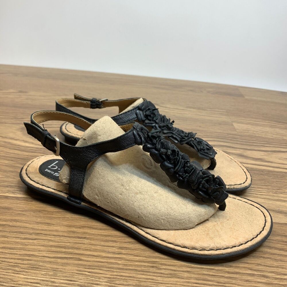 Born Concept Women’s Bow Black Leather Flat Sandal Shoes Size 9 Thong Flower